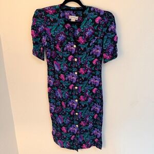 Vtg Womens 10 80s Sheath Dress Floral Dress Pearl Button Glam Maximalist Whimsy